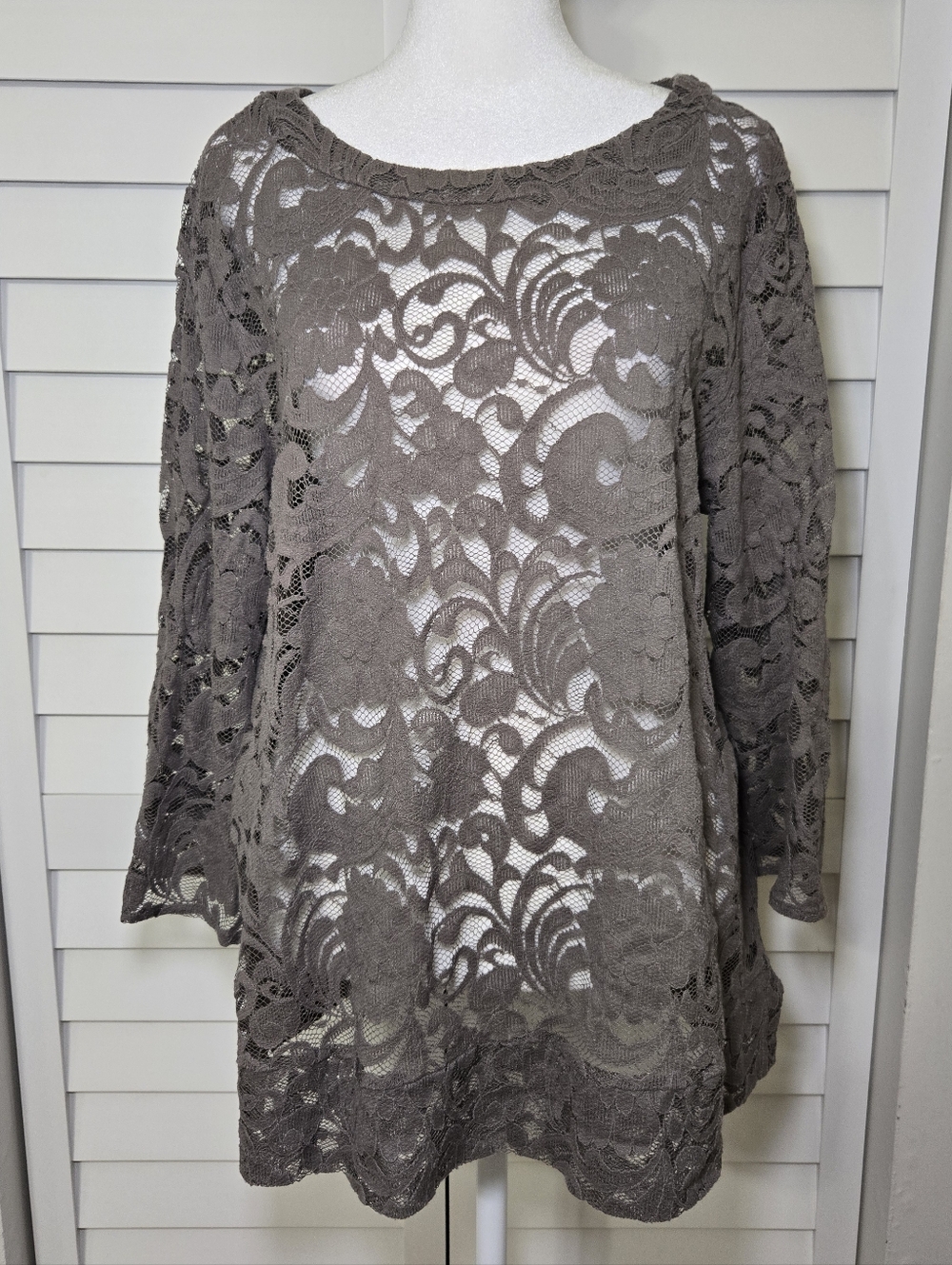Chicos Sz 3 (XL) Allegra Lace Top Taupe Brown Tunic